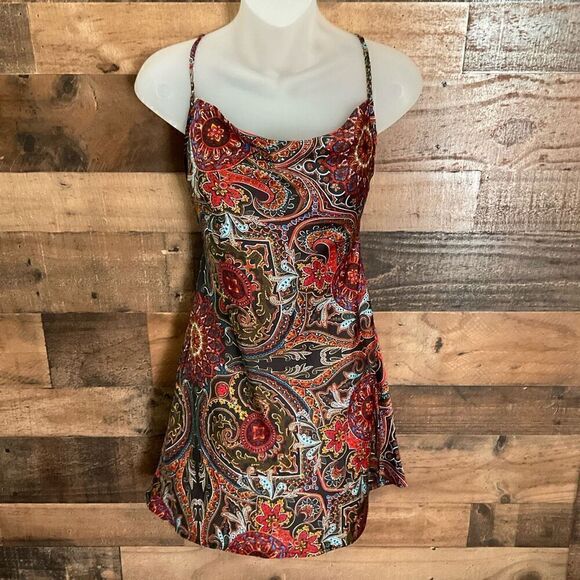 SHEIN Mini Dress Crisscross Tie Back Paisley Orange Red Black Multi Junior XS - Picture 9 of 9